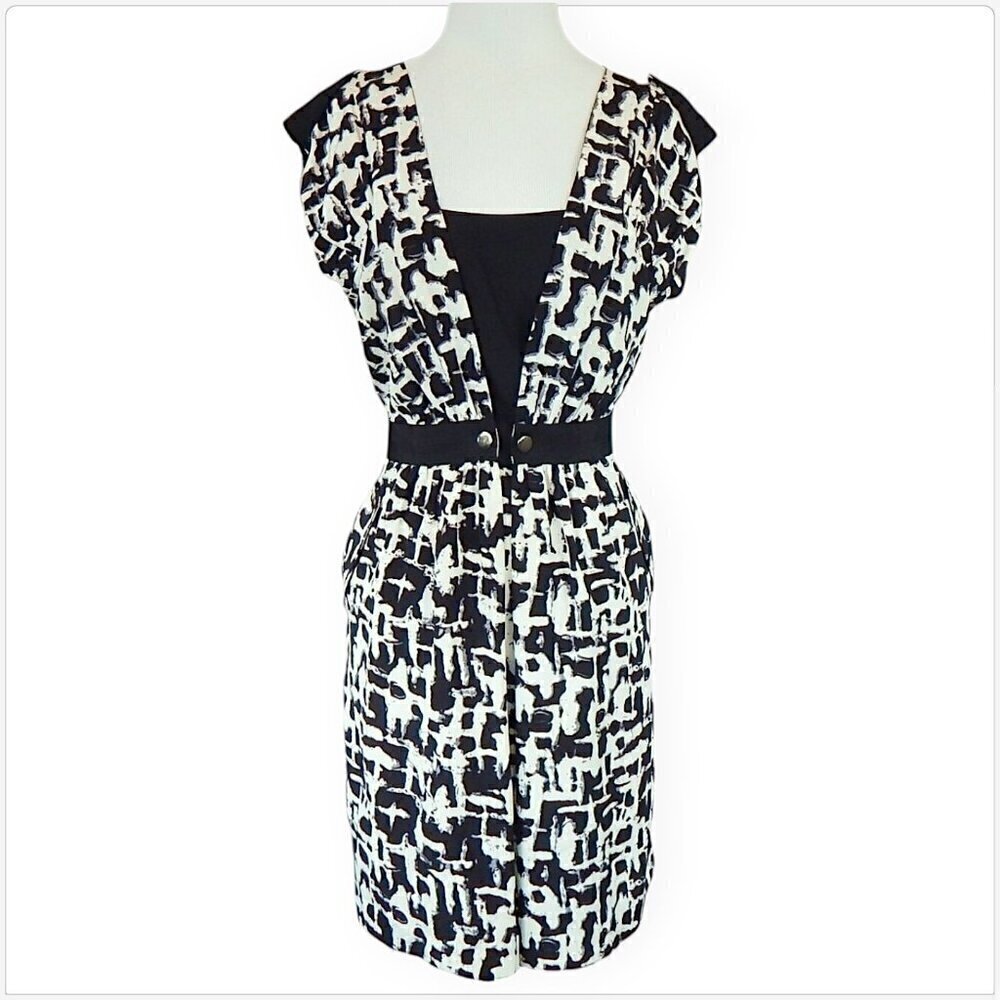 Cynthia Steffe Natasha Black White Gray Print Silk Snap Waist Sheath Dress 12